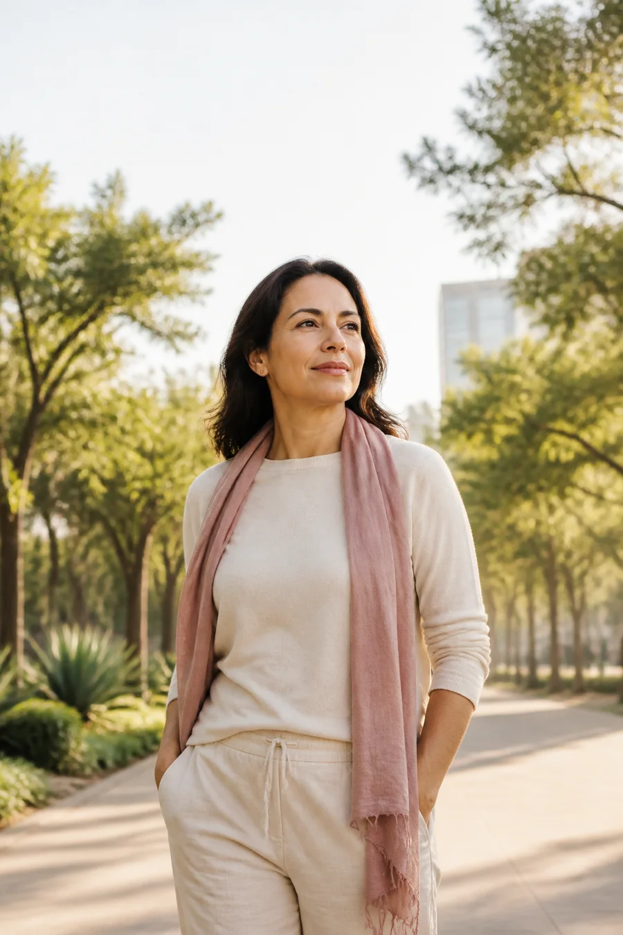 Mujer mexicana disfrutando de un paseo matutino y una sensación de bienestar